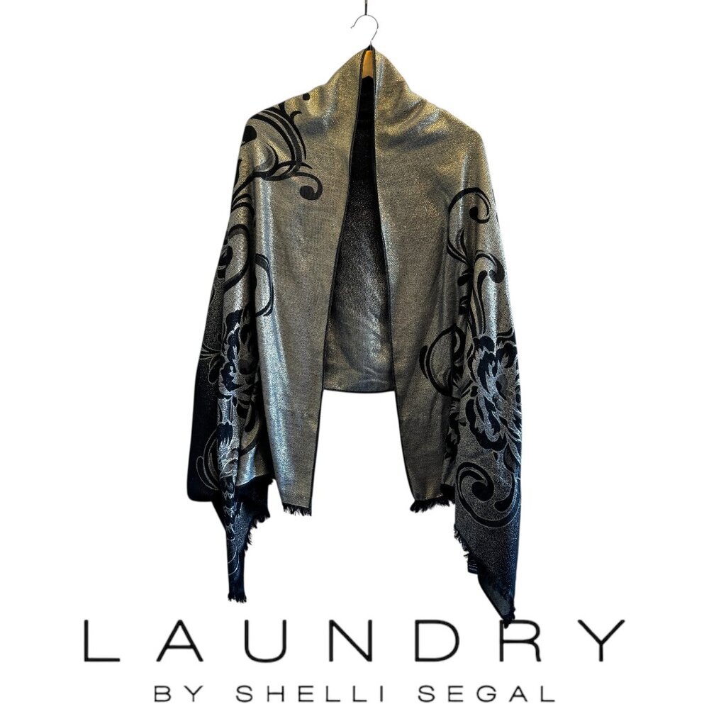 Laundry by Shelli Segal Blue and Silver Floral Scarf Pashmina Sarong Reversible